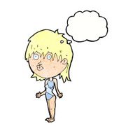 cartoon woman in swimsuit shrugging shoulders with speech bubble N7