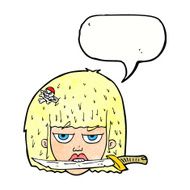 cartoon woman holding knife between teeth with speech bubble N11