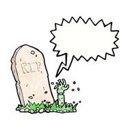 cartoon zombie rising from grave with speech bubble N15