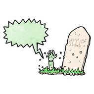 cartoon zombie rising from grave with speech bubble N16