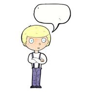 cartoon staring boy with folded arms speech bubble N11