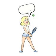 cartoon woman playing tennis with speech bubble N10
