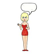 cartoon confused woman in cocktail dress with speech bubble N11