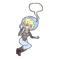 cartoon space woman with speech bubble N31