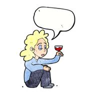 cartoon unhappy woman with glass of wine speech bubble N10