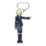 cartoon woman in leather jacket pointing with speech bubble N11