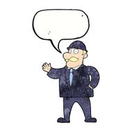 cartoon sensible business man in bowler hat with speech bubble N11