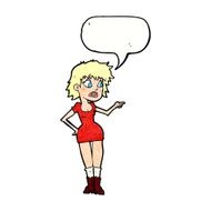 cartoon worried woman in dress pointing with speech bubble N11
