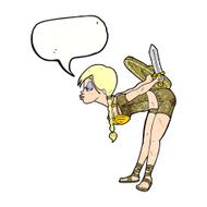 cartoon viking girl bowing with speech bubble N9
