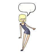 cartoon woman in dress leaning with speech bubble N10