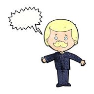 cartoon mustache man with open arms speech bubble N11