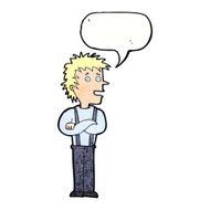 cartoon boy with folded arms speech bubble N19