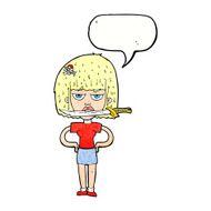 cartoon woman with knife between teeth speech bubble N38