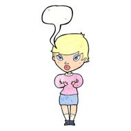 cartoon woman gesturing at self with speech bubble N31