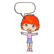 cartoon happy woman pointing with speech bubble N71