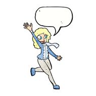 cartoon woman waving dressed for winter with speech bubble N10
