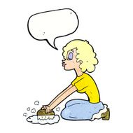 cartoon woman scrubbing floor with speech bubble N10