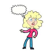 cartoon worried woman pointing with speech bubble N10