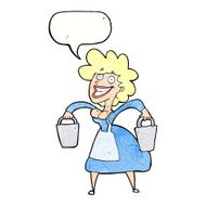 cartoon milkmaid carrying buckets with speech bubble N7
