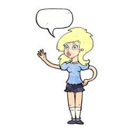 cartoon pretty woman waving for attention with speech bubble N11