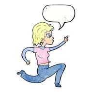 cartoon woman running and pointing with speech bubble N11