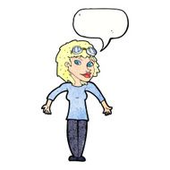 cartoon woman wearing goggles with speech bubble N11