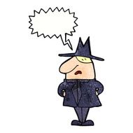 cartoon man in coat and hat with speech bubble N10