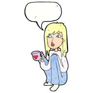 cartoon woman sitting with cup of coffee speech bubble N11