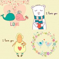 Set of concept romantic cards with cute funny characters N2