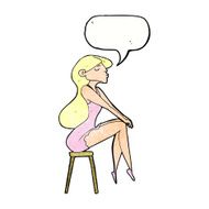 cartoon woman sitting on stool with speech bubble N22