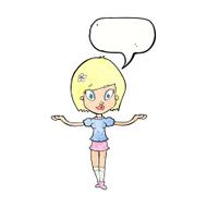 cartoon woman making balancing gesture with speech bubble N11
