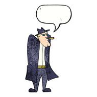 cartoon man in hat and trench coat with speech bubble N10