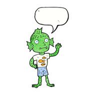 cartoon waving fish boy with speech bubble N11