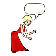 cartoon woman in dress gesturing with speech bubble N11