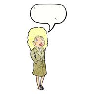 cartoon woman in trench coat with speech bubble N31
