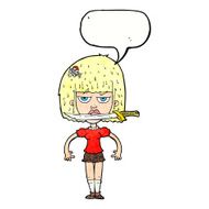 cartoon woman with knife between teeth speech bubble N40