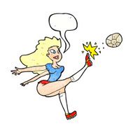 cartoon female soccer player kicking ball with speech bubble N11