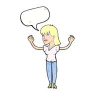 cartoon woman throwing hands in air with speech bubble N11