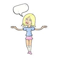 cartoon woman shrugging shoulders with speech bubble N520