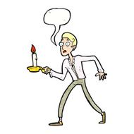 cartoon frightened man walking with candlestick speech bubb N10