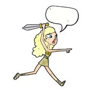 cartoon viking girl with sword speech bubble N6