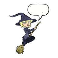 cartoon witch riding broomstick with speech bubble N22