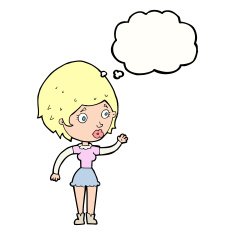 cartoon woman waving with thought bubble N303