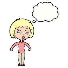 cartoon woman shrugging shoulders with thought bubble N433