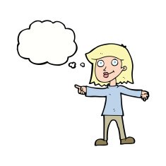 cartoon happy woman pointing with thought bubble N60