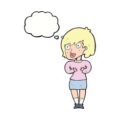 cartoon woman making Who Me? gesture with thought bubble N40
