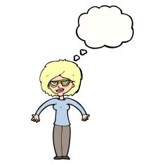 cartoon woman shrugging shoulders with thought bubble N434
