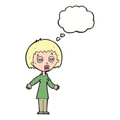 cartoon tired woman with thought bubble N27