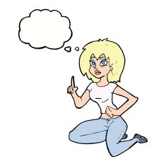 cartoon sitting woman with idea thought bubble N9