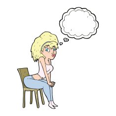 cartoon woman posing on chair with thought bubble N17